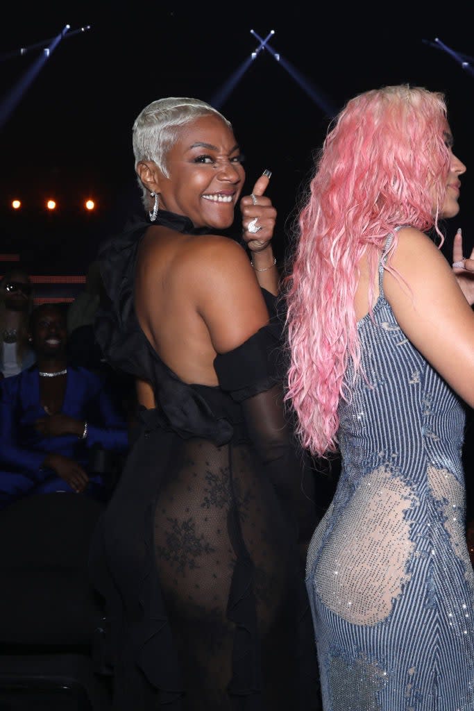 Tiffany Haddish and Karol G, fashion detail attend the 2023 MTV Video Music Awards at Prudential Center on September 12, 2023 in Newark, New Jersey.