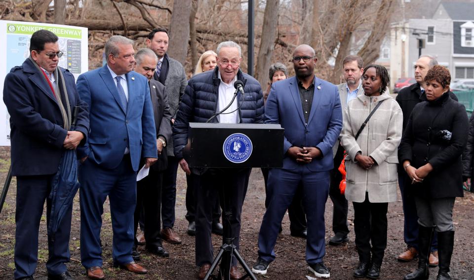 U.S. Senate Majority Leader Charles E. Schumer delivers remarks at the Yonkers Greenway off of Lawrence Street Jan. 20, 2023, as he revealed his major new push to help reconnect Southwest Yonkers with a first-of-its-kind greenway, increasing access to public transportation, revitalizing the South Broadway business district, and giving residents improved biking and walking access to NYC and Westchester.