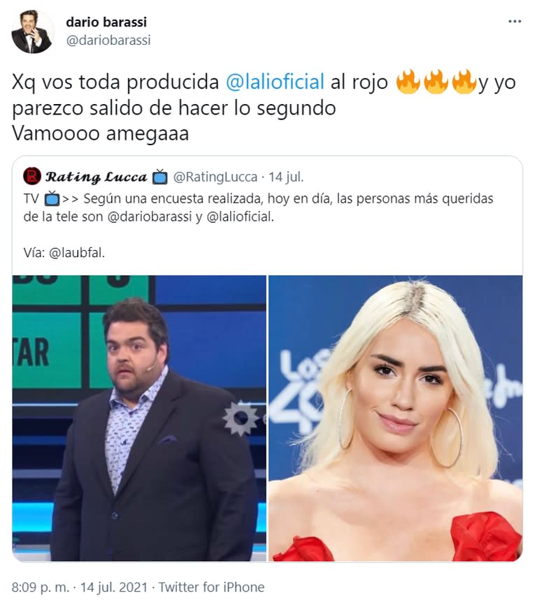 El mensaje de Darío Barassi en Twitter que generó un aluvión de comentarios, en relación a cómo es una de las figuras más populares de la TV junto a Lali Espósito