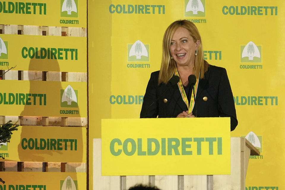 Brothers of Italy leader Giorgia Meloni delivers her speech during an Italian farmers association's event, at the Sforzesco Castle in Milan, Italy, Saturday, Oct. 1, 2022. (AP Photo/Luca Bruno)