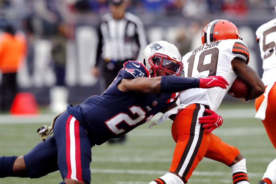 New England Patriots safety Adrian Phillips (21) tackles Cleveland Browns wide receiver JoJo Natson (19) during the second half of an NFL football game, Sunday, Nov. 14, 2021, in Foxborough, Mass. (AP Photo/Michael Dwyer)