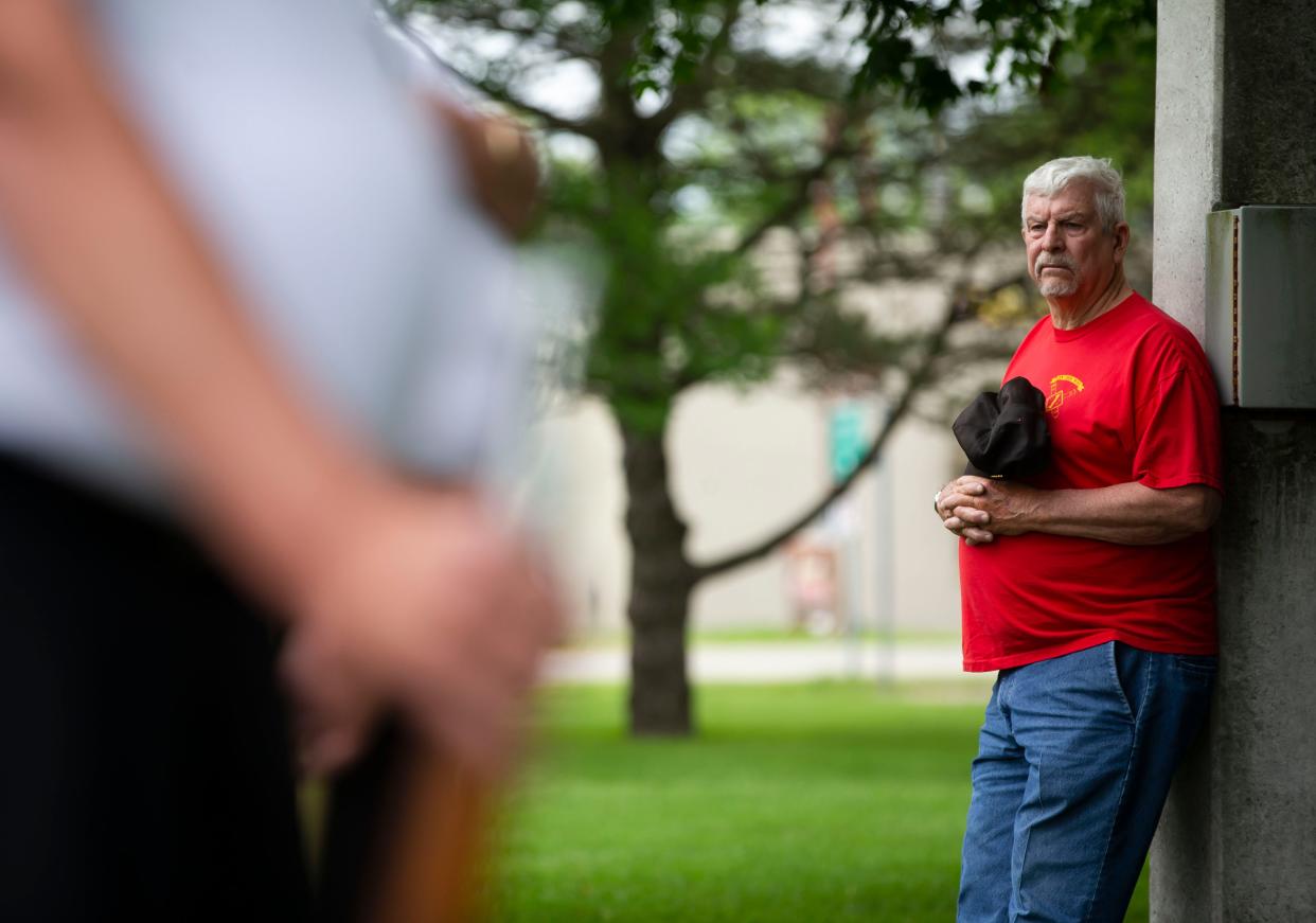 Dan McLean, a Vietnam Veteran with the U.S. Marine Corps, stands with the Chatham American Legion Post 759 and Chatham VFW Post 4763 during a Memorial Day silent vigil at Chatham Veterans Memorial Park in Chatham, Ill., Monday, May 31, 2021. [Justin L. Fowler/The State Journal-Register] 