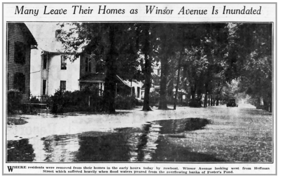 From page 2 of the Star-Gazette on July 9, 1935: Residents were removed from their homes via rowboats due to flooding on Winsor Avenue.
