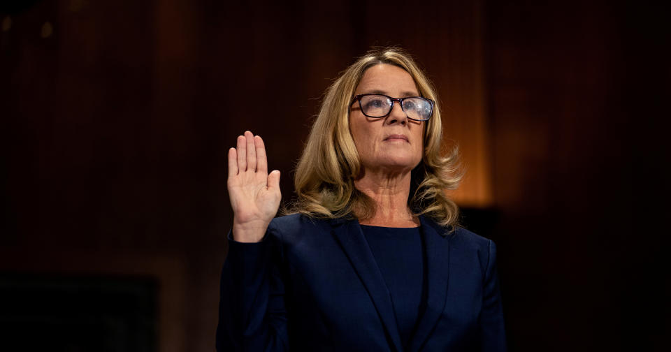Christine Blasey Ford swears in at a Senate Judiciary Committee hearing for her to testify about sexual assault allegations against Supreme Court nominee Judge Brett Kavanaugh on Capitol Hill in Washington on Sept. 27.