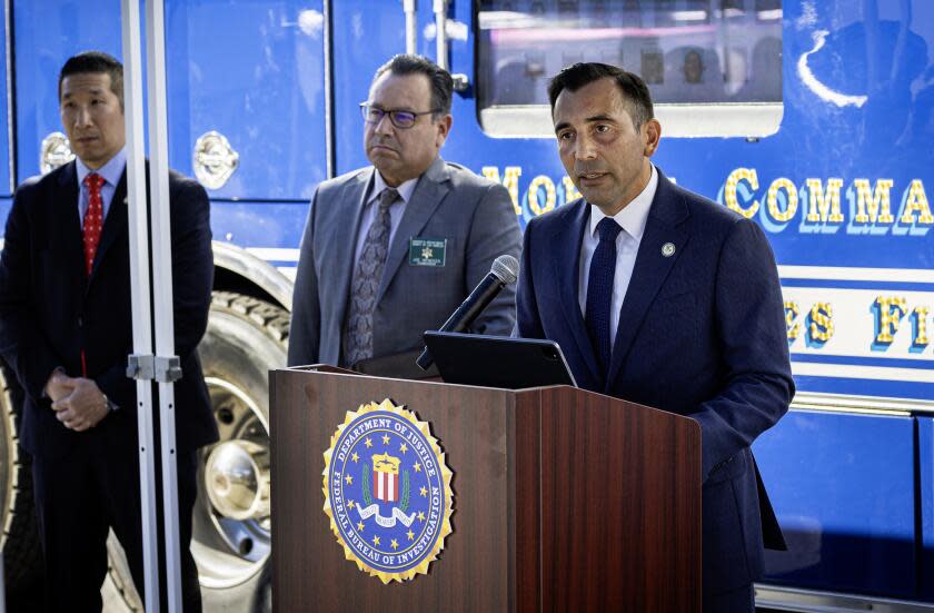 Los Angeles, CA - November 14: E. Martin Estrada, United States attorney for the Central District of California, speaks and is joined by federal and local law enforcement officials announcing a federal drug trafficking indictment targeting members and associates of a notorious transnational gang during a press conference in Los Angeles Tuesday, Nov. 14, 2023. (Allen J. Schaben / Los Angeles Times)