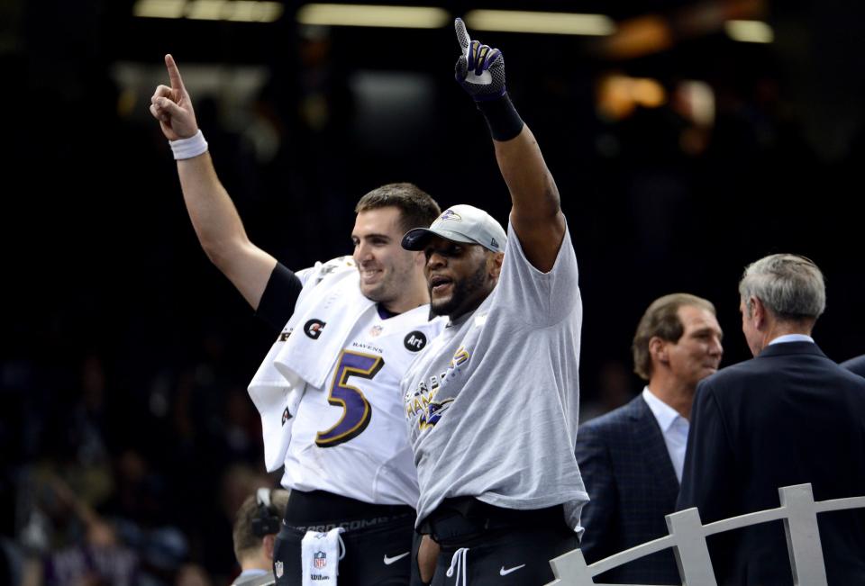 Joe Flacco and Ray Lewis celebrate their win in Super Bowl XLVII. (Getty Images)