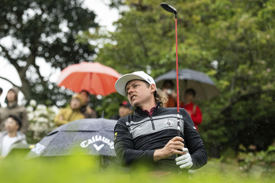 Cameron Smith hits his shot during the final round of LIV Golf Hong Kong at the Hong Kong Golf Club in Hong Kong Sunday, March 10, 2024. (Charles Laberge/LIV Golf via AP)