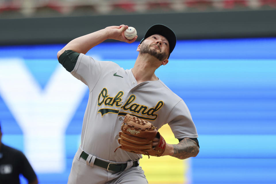 Oakland Athletics relief pitcher Lucas Erceg delivers during the seventh inning of the team's baseball game against the Minnesota Twins Thursday, Sept. 28, 2023, in Minneapolis. (AP Photo/Andy Clayton-King)