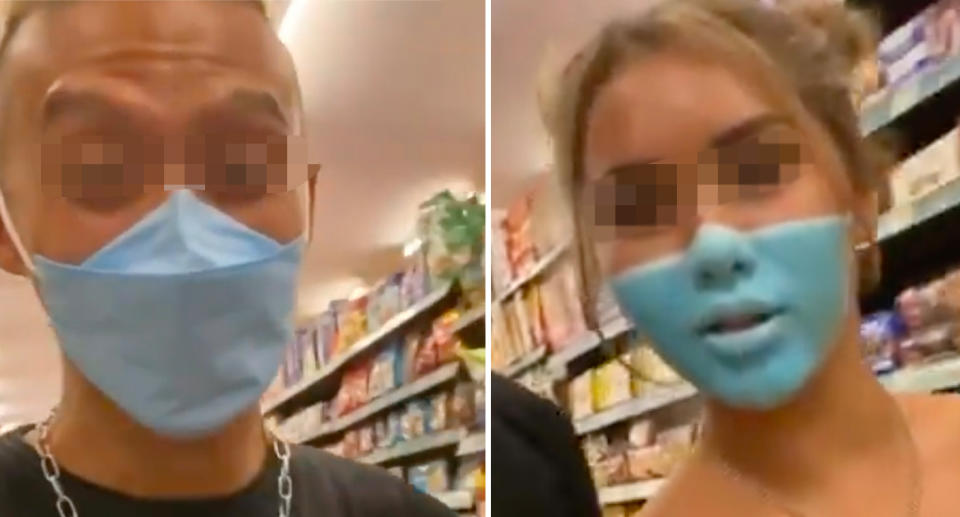 The man wearing a real mask in the supermarket while the woman has one painted on.