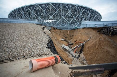 A view shows a landslide, caused by heavy rain, near the Volgograd Arena in Volgograd, a host city for the soccer World Cup, Russia July 15, 2018. Picture taken July 15, 2018. REUTERS/Stringer