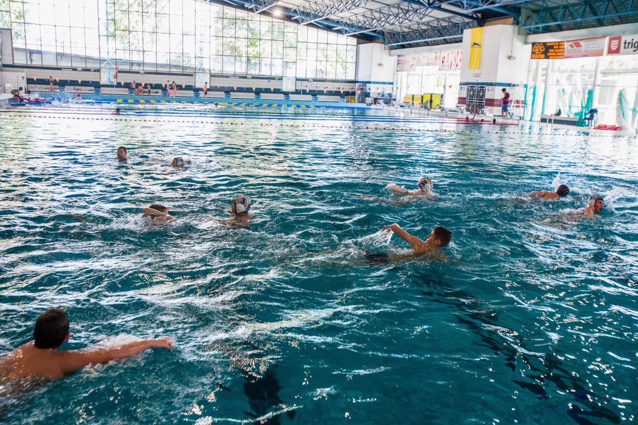  Young water polo players train in the Olympic swimming pool. Indoor Olympic swimming pool in Kranj reopened after two months of lockdown due to the covid-19 pandemic. (Photo by Luka Dakskobler / SOPA Images/Sipa USA) 