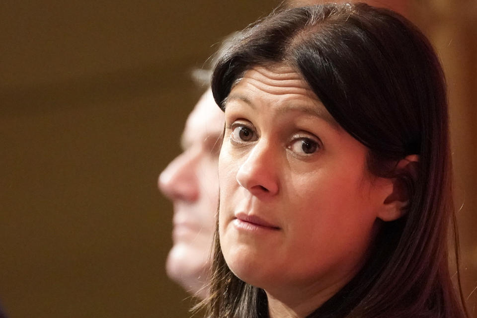 DUDLEY, ENGLAND - MARCH 08: Lisa Nandy, MP for Wigan reacts as she takes part in the last Labour Party Leadership hustings at Dudley Town Hall on March 08, 2020 in Dudley, England. Sir Keir Starmer, Rebecca Long-Bailey and Lisa Nandy are vying to replace Labour leader Jeremy Corbyn, who is stepping down following his party's loss in the December 2019 general election. The new leader and deputy will be announced on 4 April, 2020.  (Photo by Christopher Furlong/Getty Images)