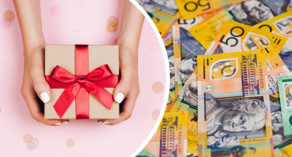 Tax implications story illustrated by a person holding a boxed gift, wrapped with a red ribbon and Australian money. 