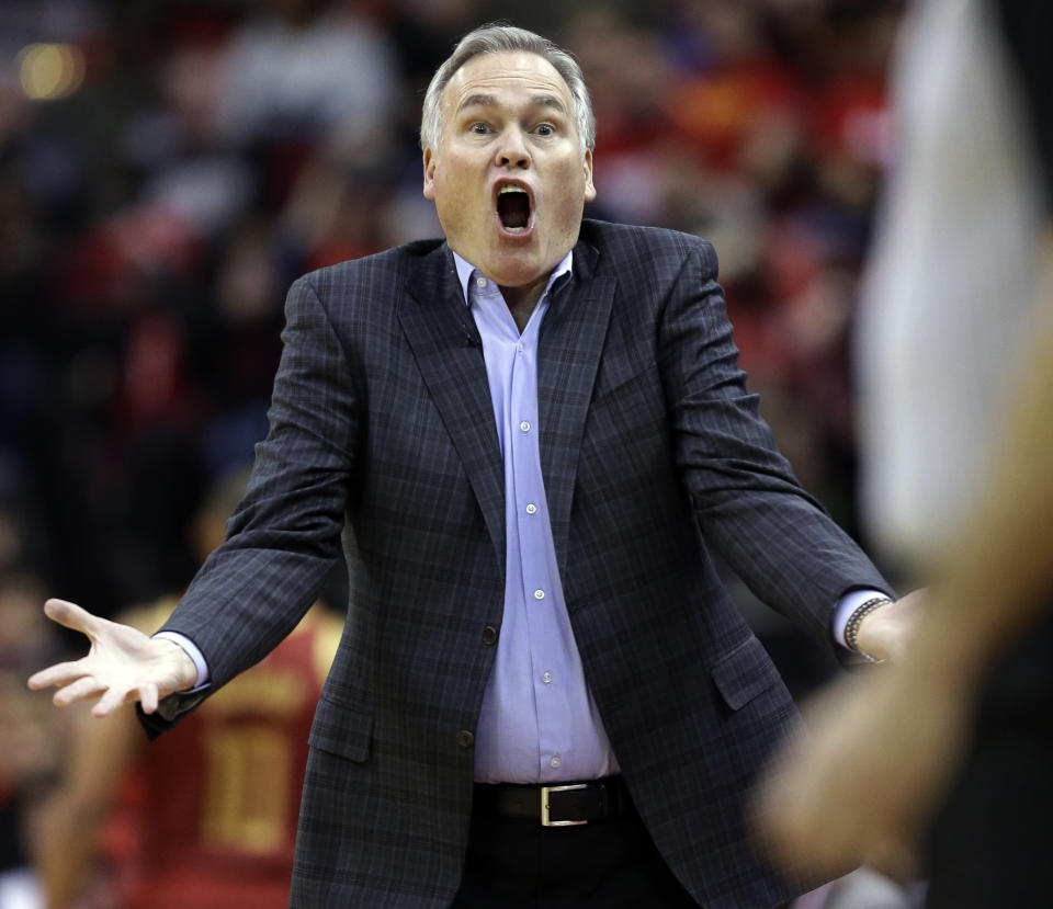 Houston Rockets head coach Mike D'Antoni reacts to a call during the first half of an NBA basketball game against the Oklahoma City Thunder, Saturday, Feb. 9, 2019, in Houston. (AP Photo/Eric Christian Smith)