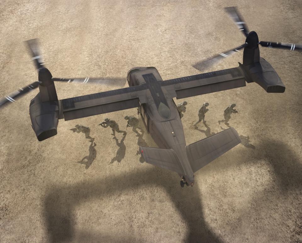 Artist rendering of Bell's V-280 Valor offloading troops while hovering over desert terrain.