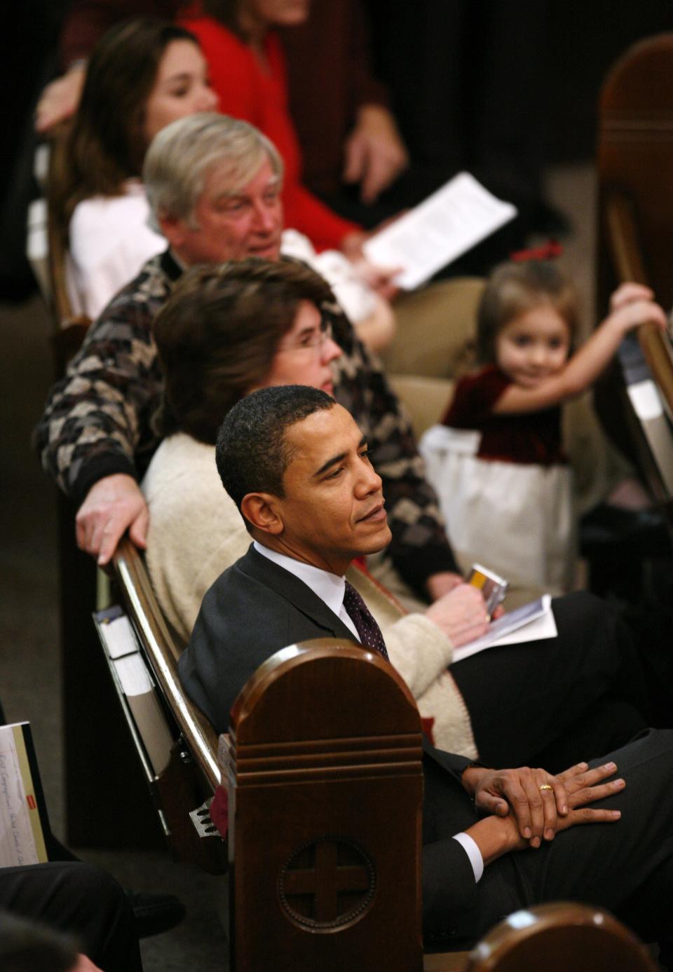 Democratic presidential candidate Barack Obama attends church services in Mason City.