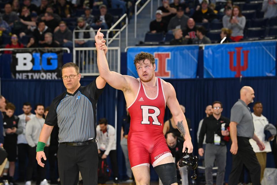 Rutgers heavyweight Boone McDermott, a Dubuque Wahlert graduate, competes at the 2023 Big Ten Championships at the Crisler Center in Ann Arbor, Mich.