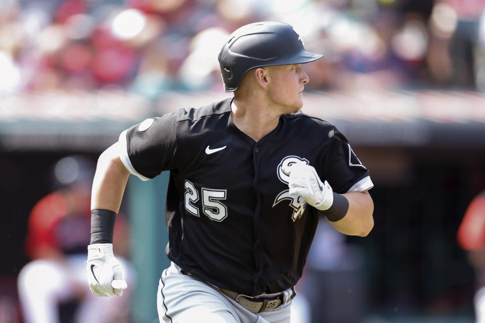 Chicago White Sox's Andrew Vaughn watches his solo home run off Cleveland Guardians starting pitcher Hunter Gaddis during the second inning of a baseball game, Thursday, Sept. 15, 2022, in Cleveland. (AP Photo/Ron Schwane)