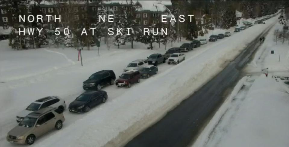 A screenshot from the CalTrans webcam of westbound U.S. 50 in South Lake Tahoe shows traffic backed up into the far distance around 2 p.m. Tuesday, Dec. 28.