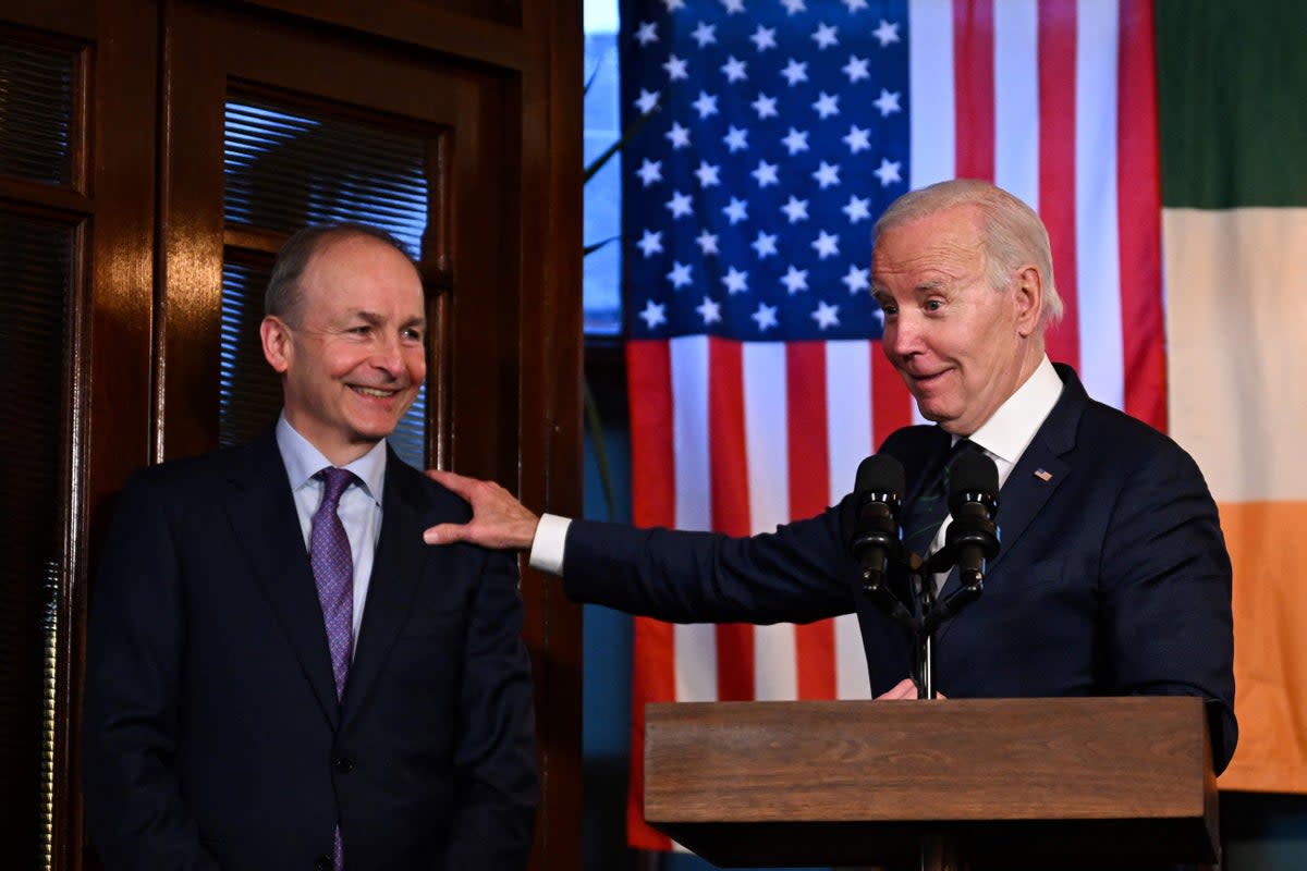 The president with Irish deputy prime minister Micheal Martin during a joint speech at the Windsor Bar in Dundalk (AFP/Getty)