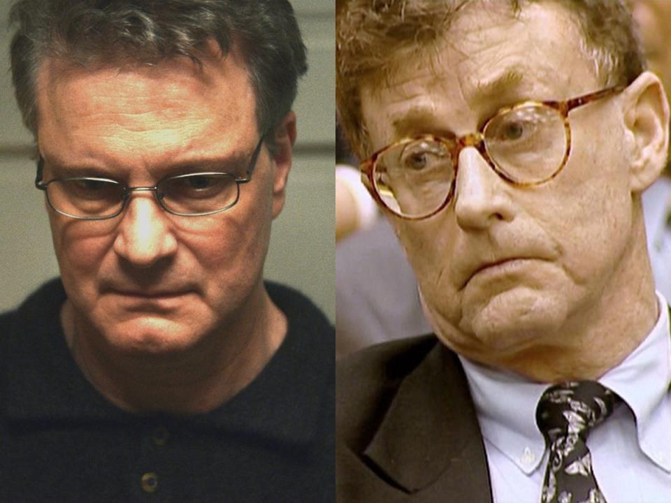 Colin Firth as Michael Peterson, left; and Michael Peterson in an undated photo, right.