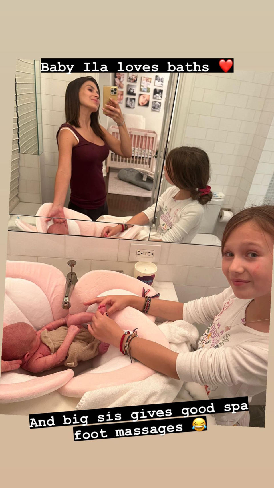 Ilaria gets some help at bath time from her mom and her big sister. (hilariabaldwin via Instagram)