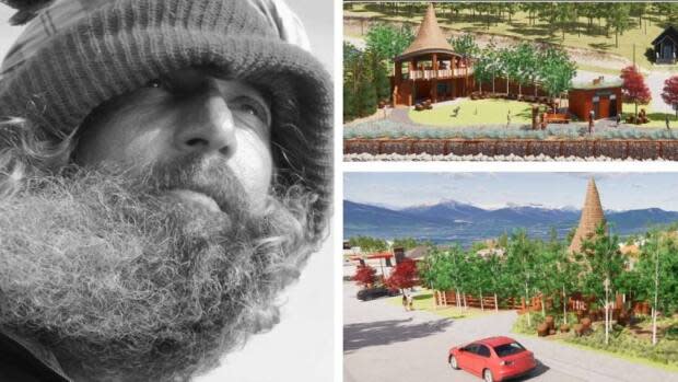 A public park will be built at the site of Radium's Home of a Thousand Faces in memory of Rolf Heer, the woodcarver who lived there and donated the land to the B.C. village after his death.  (Rolf Heer/Facebook, Bassett Associates Landscape Architecture Inc. - image credit)