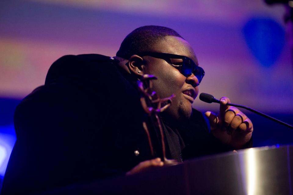 Christone “Kingfish” Ingram speaks after receiving the award for Contemporary Blues Male Artist during the Blues Music Awards in Memphis, Tenn., on Thursday, May 11, 2023.