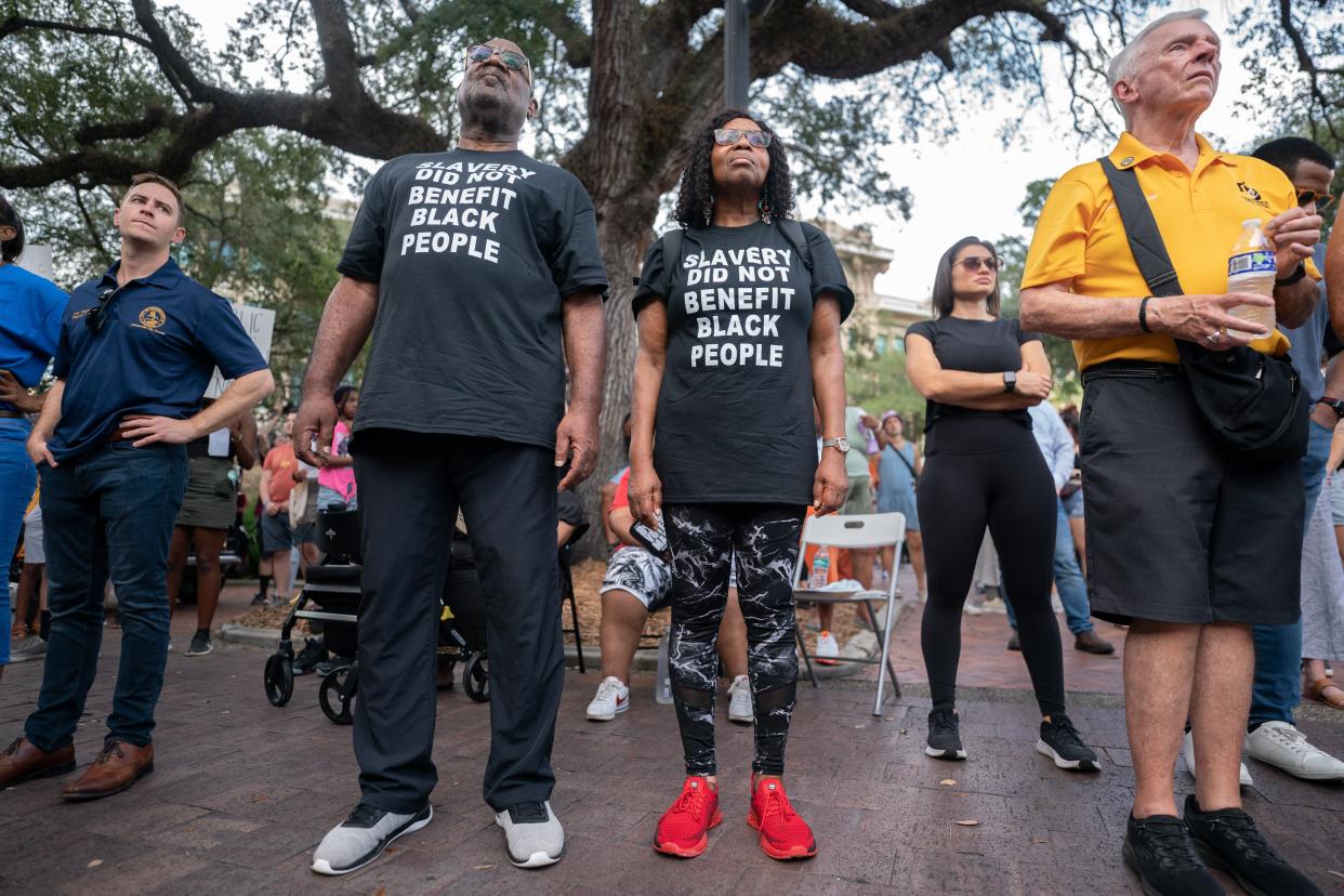 Demonstrators listen to a speaker during a rally against white supremacy at James Weldon Johnson Park August 28, 2023 in Jacksonville, Florida. Police say that the attack by a gunman on Black customers at Dollar General store (Getty Images)