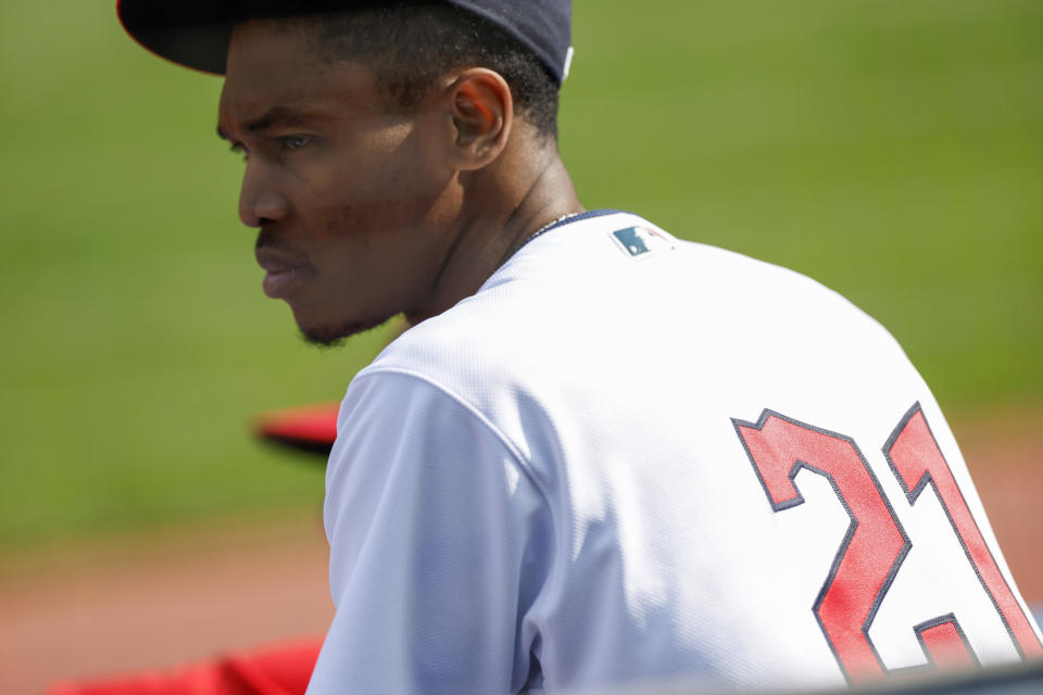 Cleveland Guardians pitcher Triston McKenzie wears the number 21 in honor of Roberto Clemente during the first inning of a baseball game against the Chicago White Sox, Thursday, Sept. 15, 2022, in Cleveland. (AP Photo/Ron Schwane)