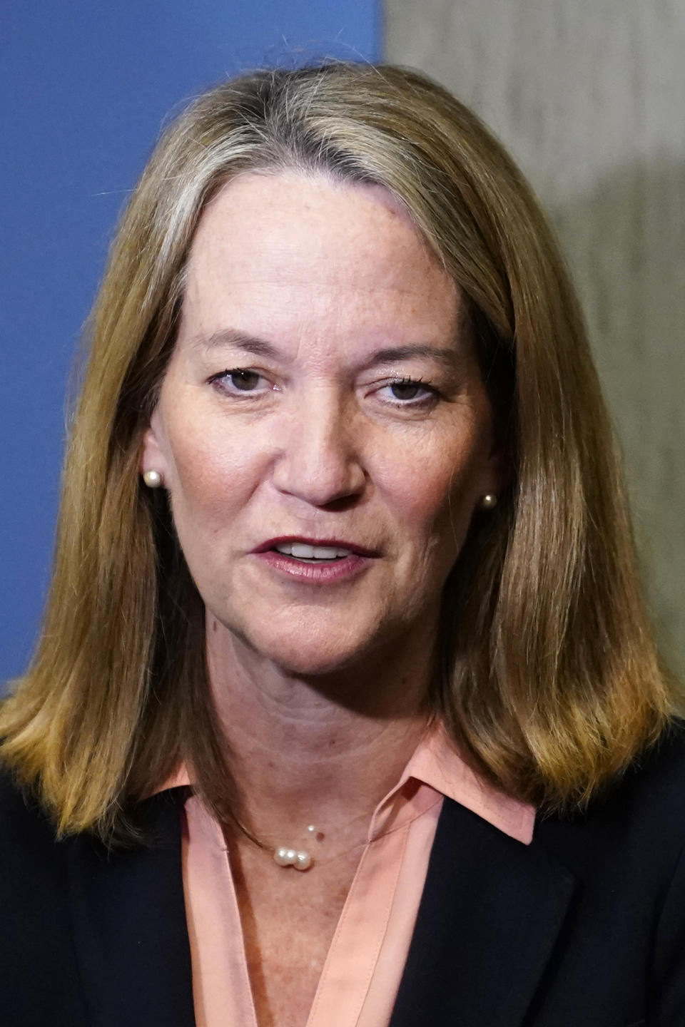 Democrat Kris Mayes, candidate Arizona Attorney General, speaks with the media after a televised debate against Republican Abraham Hamadeh, Wednesday, Sept. 28, 2022. (AP Photo/Ross D. Franklin)