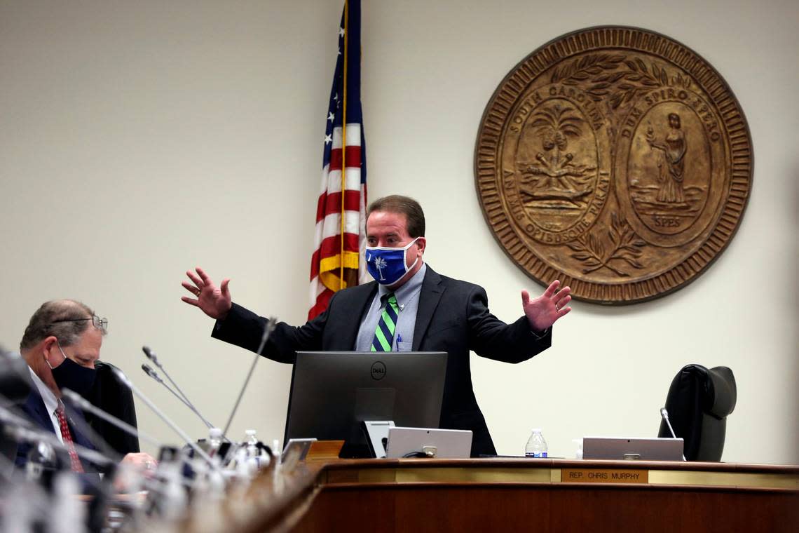 South Carolina House Judiciary Chairman Chris Murphy, R-North Charleston, prepares to hold a meeting on a bill that would likely ban all abortions in the state, Tuesday, Feb. 9, 2021, in Columbia, S.C. The bill has already passed the Senate. (AP Photo/Jeffrey Collins)