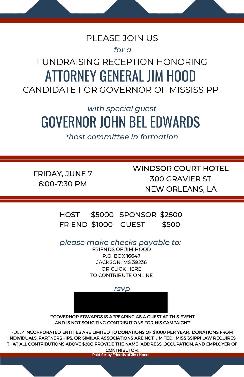 An invitation to a fundraiser hosted by Louisiana Gov. John Bel Edwards for Mississippi Attorney General Jim Hood.&nbsp; (Photo: HuffPost)
