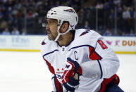 Washington Capitals' Alex Ovechkin looks up ice during the first period of the team's NHL hockey game against the New York Rangers on Thursday, Feb. 24, 2022, in New York. (AP Photo/John Munson)