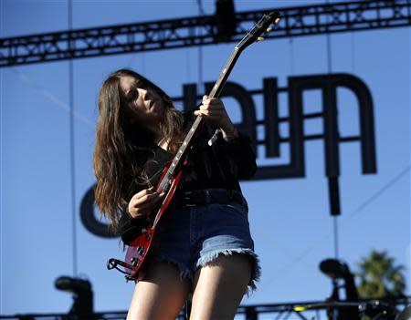 Danielle Haim of rock band Haim performs at the Coachella Music Festival in Indio, California April 11, 2014. A slew of rising artists and bands kicked off the annual Coachella Valley Music and Arts Festival on Friday, ahead of the much anticipated reunion of hip-hop duo Outkast headlining the first night of the three-day festival. REUTERS/Mario Anzuoni