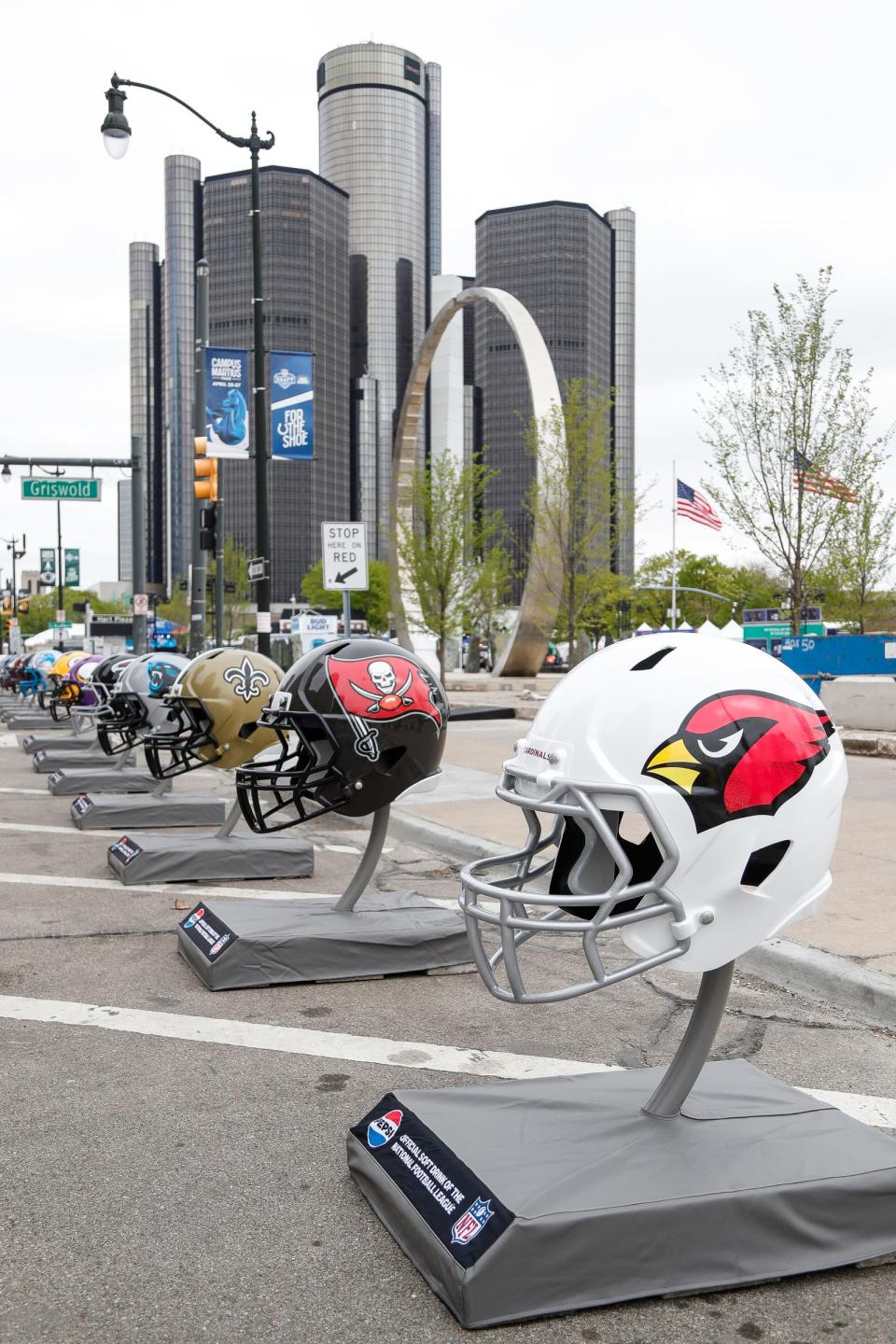 Staff set up for the NFL Draft Experience at Hart Plaza in Detroit on Wednesday, April 24, 2024.