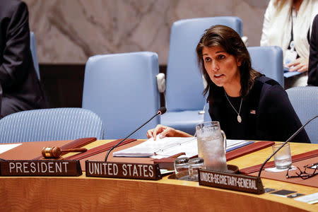 U.S. Ambassador to the United Nations Nikki Haley speaks during a United Nations Security Council meeting about implementation of sanctions against North Korea at U.N. headquarters in New York City, U.S., September 17, 2018. REUTERS/Brendan McDermid