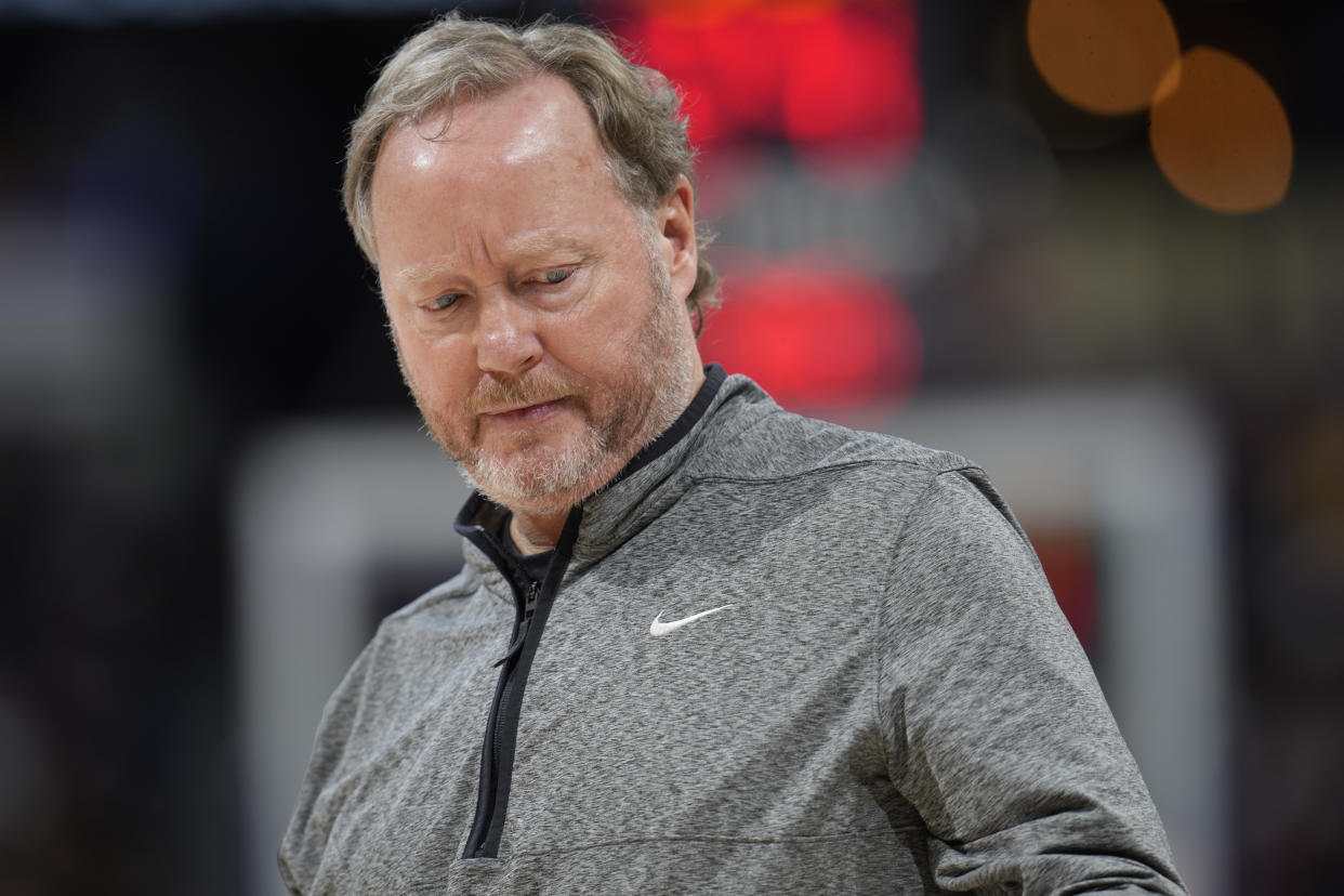 Milwaukee Bucks head coach Mike Budenholzer () in the second half of an NBA basketball game Saturday, March 25, 2023, in Denver. (AP Photo/David Zalubowski)