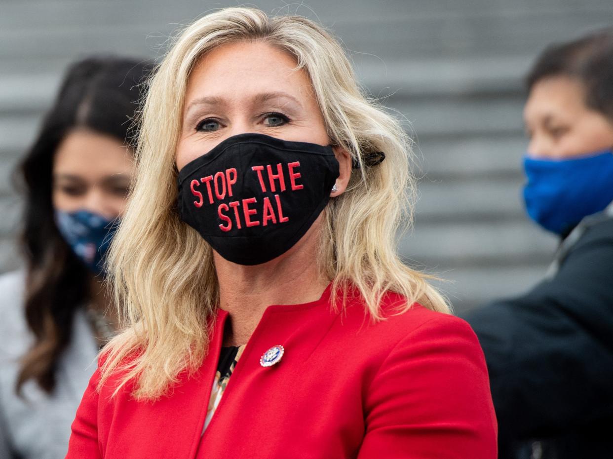 Georgia representative Marjorie Taylor Greene dodged a question about whether Trump supporters were at the 6 January US Capitol riot. (AFP via Getty Images)