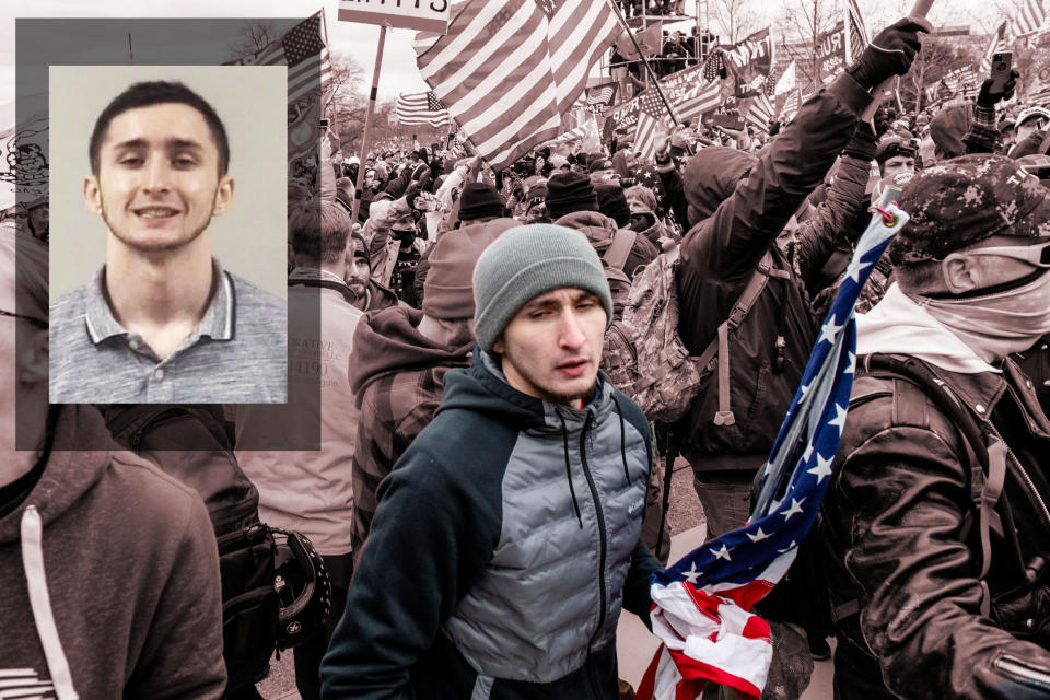 Trump supporters protest outside the Capitol Building on Jan. 6, 2021, in Washington, D.C. Inset: Matthew Beddingfield's mug shot. (Photo: Amy Harris/Shutterstock/Mugshot)