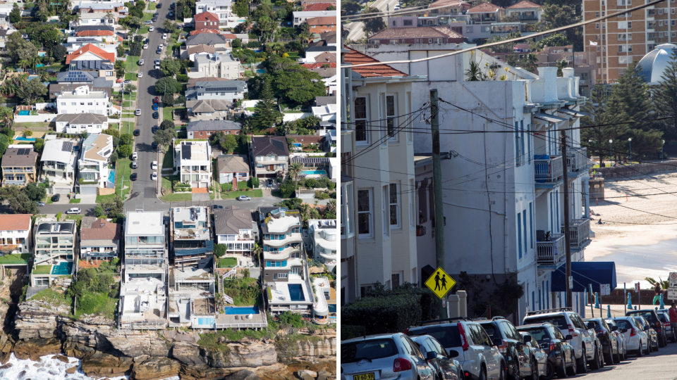 Composite image of mansions in Coogee and cheaper housing in Coogee