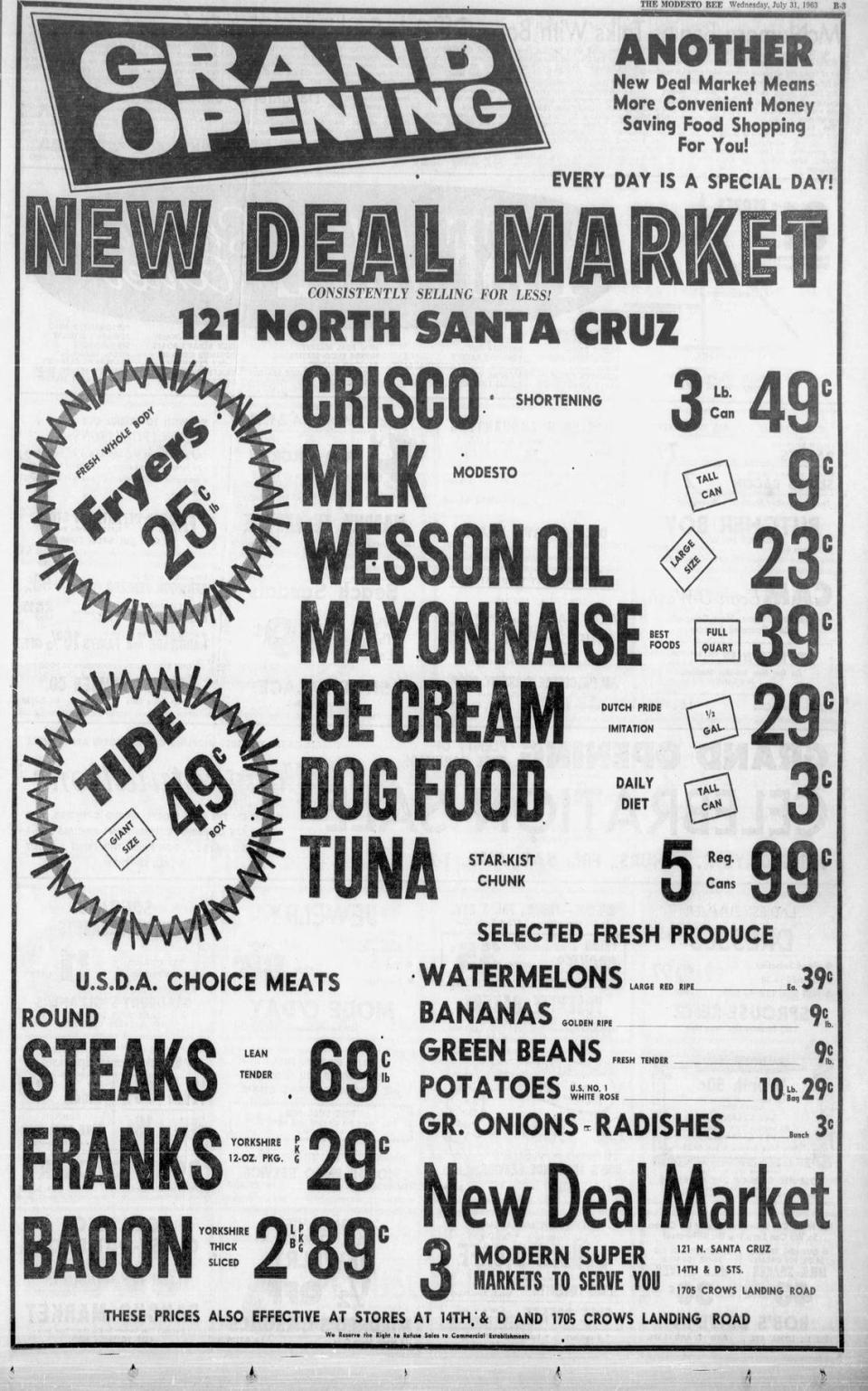 An advertisement for the latest New Deal Market to open in Modesto, Calif., running July 31, 1963, in The Modesto Bee.