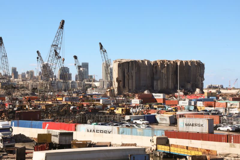 A general view shows the grain silo damaged during the 2020 Beirut port explosion, in Beirut