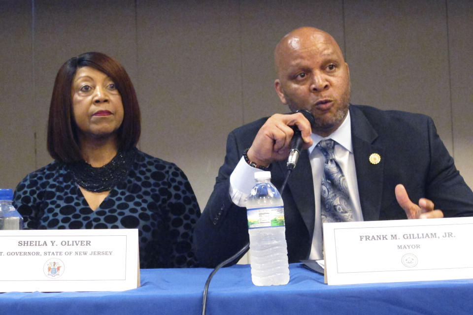 Democratic New Jersey Lt. Gov. Sheila Oliver, left, listens at an event in Atlantic City N.J. on Tuesday, April 23, 2019, at which then-Mayor Frank Gilliam Jr. right, spoke during a forum on the state's takeover Atlantic City's major decision-making powers. Oliver died on Aug. 1, 2023, at age 71. (Photo/Wayne Parry)