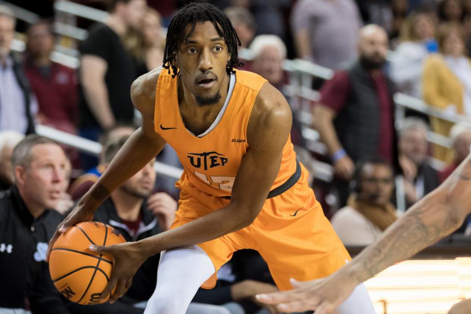 UTEP's Jamari Sibley (12) looks to pass the ball at a game against NMSU on Wednesday, Nov. 30, 2022, at the Pan American Center in Las Cruces, New Mexico.