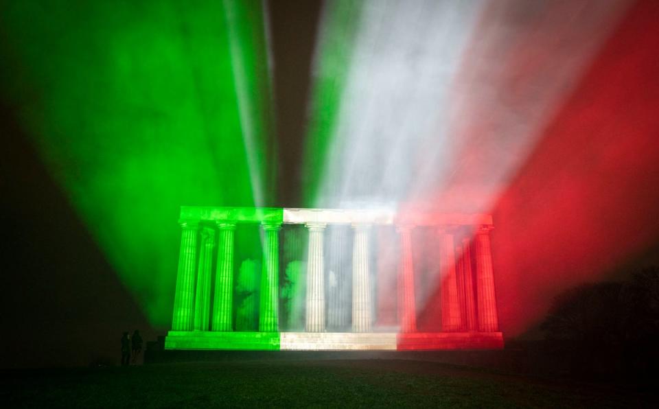 2 December 2022: The National Monument of Scotland on Calton Hill, Edinburgh, forms the backdrop to projected images created by artists from 16 prestigious Italian digital art studios for the Farnesina Digital Art Experience (PA)
