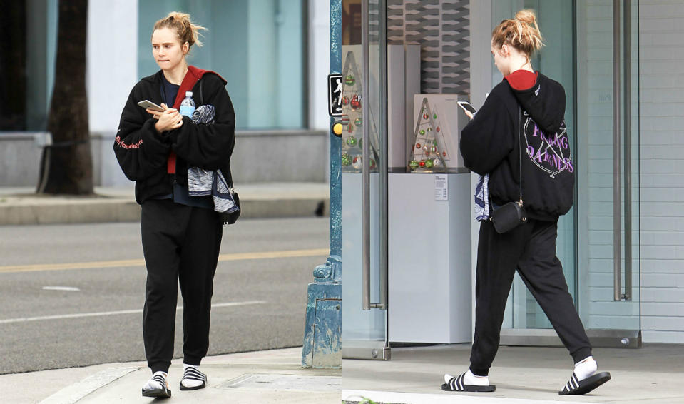 <p>Bradley Cooper’s ex Suki Waterhouse was spotted running errands across Beverly Hills in socks and sandals in recent weeks. The 24-year-old model still managed to look stunning as she opted for a low-key, makeup-free look, with jogging pants and a messy updo. Click through the gallery to see other celebrities who have recently rocked the socks and sandals (or stilettos) trend! <i> (Photos: BG012/Bauer-Griffin/GC Images) </i> </p>