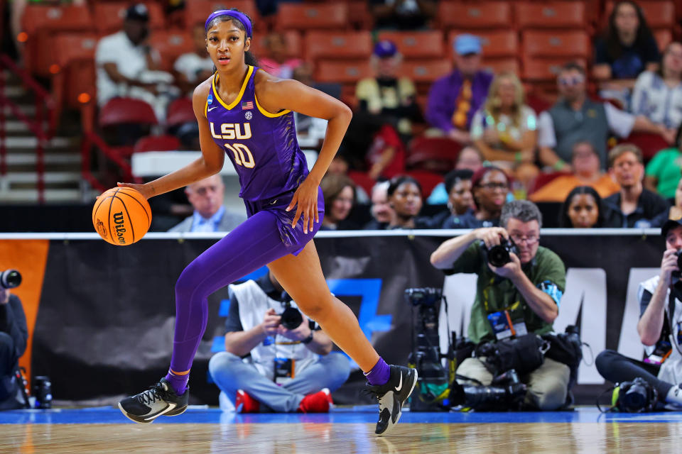 LSU's Angel Reese brings the ball up the court during the first half in the Sweet 16 round of the NCAA women's tournament at Bon Secours Wellness Arena in Greenville, South Carolina, on March 24, 2023. (Kevin C. Cox/Getty Images)