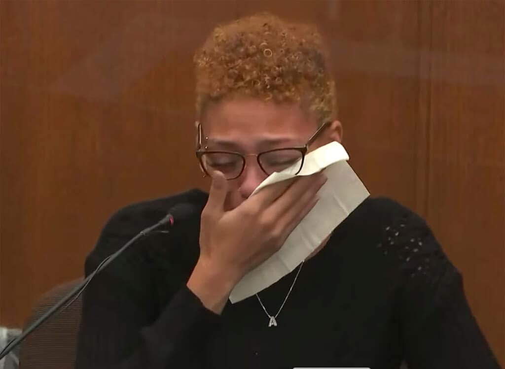 FILE – In this screen grab from video, Alayna Albrecht-Payton, the woman who was in Daunte Wright’s vehicle when he was fatally shot on April 11, 2021, by police in a Minneapolis suburb last year, testifies as Hennepin County Judge Regina Chu presides over court, Dec. 9, 2021, in the trial of former Brooklyn Center Police Officer Kim Potter at the Hennepin County Courthouse in Minneapolis. Albrecht-Payton is suing the city and the former officer, Potter, who killed him. (Court TV, via AP, Pool, File)