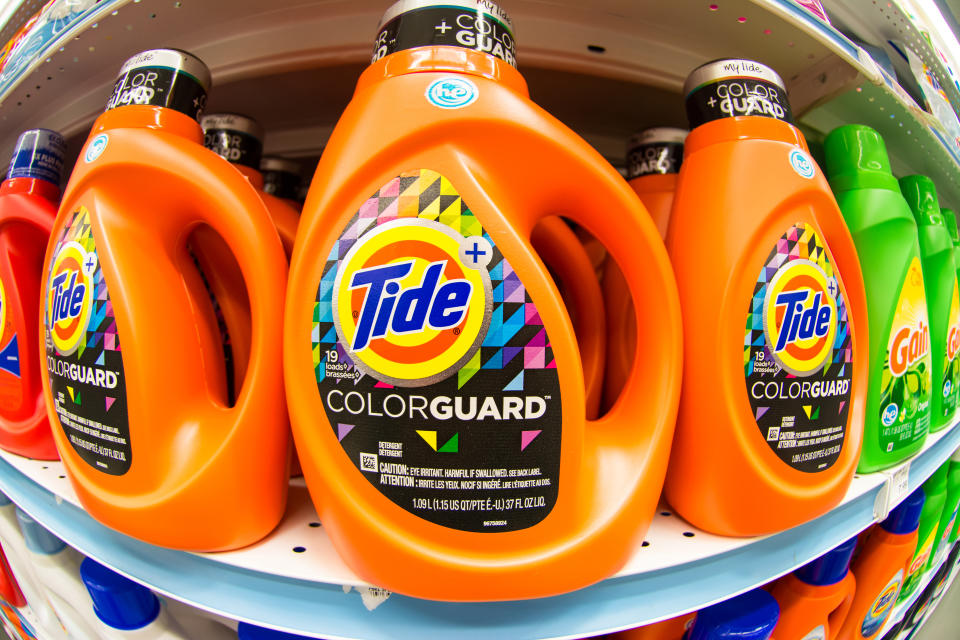 TORONTO, ONTARIO, CANADA - 2015/04/03: Tide laundry detergent in store shelf.Tide is the brand-name of a laundry detergent manufactured by Procter & Gamble, first introduced in 1946. (Photo by Roberto Machado Noa/LightRocket via Getty Images)